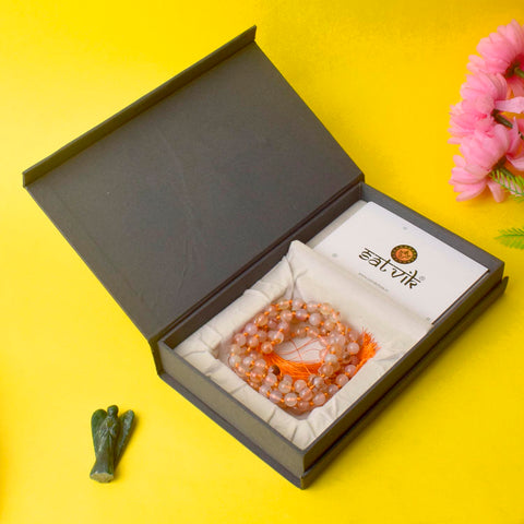 Premium Hakik Jap Mala with Peach & Yellow Aventurine Beads – A Spiritual Meditation Mala for Confidence, Positivity, and Emotional Healing. India’s Premium Hakik Jap Mala Store - www.satvikworld.com
