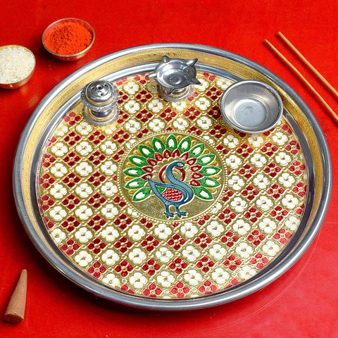 Printed stainless steel Aarti Thali ensemble featuring spiritual artwork, ideal for pooja rituals, festivals, and devotional ceremonies. India’s Largest Pooja Accessories Brand – www.satvikworld.com