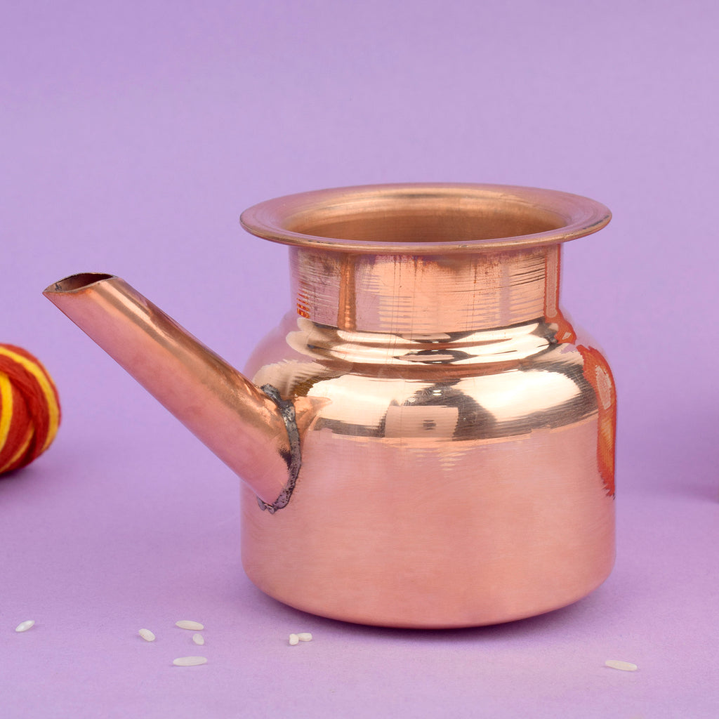 Pure Copper Kalash with Spout (Lota) for Pooja and Rituals, traditional tamra lota used for temple offerings, havan, and daily worship. India’s Largest Pooja Accessories Brand – www.satvikworld.com