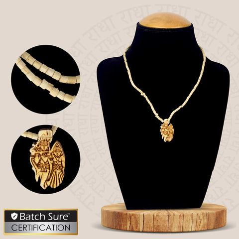 100% original tulsi mala with Wooden Radha Krishna Locket – handcrafted devotional pendant featuring Radha and Krishna made from wood, symbolizing divine love, peace, and spiritual connection. India’s Premium Jap Mala Store - www.satvikworld.com