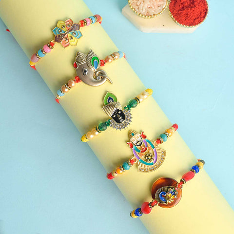 Set of 5 Designer Rakhi Threads with Roli Chawal and Ram Sita Stickers for Raksha Bandhan Celebration. India’s Largest Pooja Accessories Brand - www.satvikworld.com