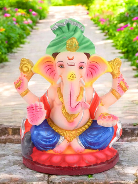 9.6 Inch Skandapurvaja Eco-Friendly Ganesha Idol seated in traditional pose, made from Shadu clay with eco-friendly decorative details. India’s Largest Pooja Accessories Brand – www.satvikworld.com