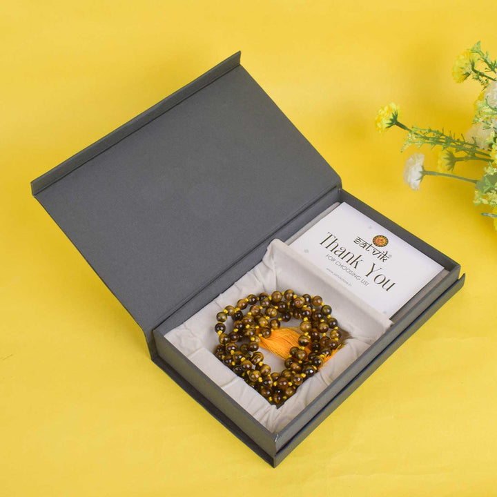 Tiger Eye Hakik Mala with 108 Beads – A powerful spiritual accessory known for strength, protection, and grounding energy. India’s Premium Hakik Jap Mala store - www.satvikworld.com