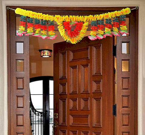 Traditional Artificial Flower Bandarwal Floral Toran (Design-3) featuring orange and yellow marigold-style blooms with green leaves, perfect for Indian door decoration during festivals and religious functions. India’s Largest Pooja Accessories Brand – www.satvikworld.com