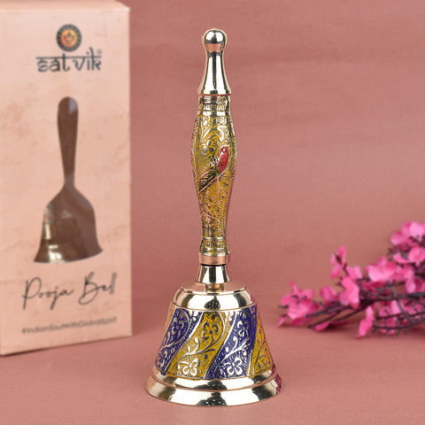 Vibrant handcrafted brass puja bell with yellow and blue enamel design, ideal for temple rituals and spiritual decor. India’s Largest Pooja Accessories Brand – www.satvikworld.com