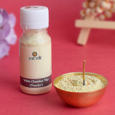 White Chandan / Gopi Chandan Tika Powder (Safed Chandan Tilak) in a small container, used for spiritual forehead marking in religious rituals and devotional practices. India’s Largest Pooja Accessories Brand – www.satvikworld.com