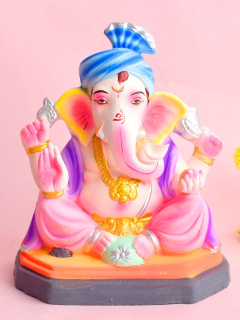 8 Inch multicolor eco-friendly Ganesha idol in sitting pose made from Shadu Mati clay. India’s Largest Pooja Accessories Brand – www.satvikworld.com