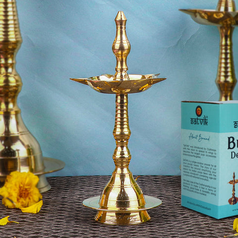 7 Inch Traditional Brass Kerala Diya – Elegant small brass diya, perfect for pooja ceremonies, spiritual rituals, and home decor. India’s Largest Pooja Accessories Brand – www.satvikstore.in