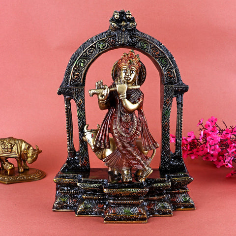 Brass Krishna with Cow and Flute Idol, intricately crafted with Lord Krishna playing the flute alongside a cow, symbolizing harmony and divine love. Perfect for home or temple decor, bringing spiritual blessings and serenity. India’s Largest Pooja Accessories Brand – www.satvikworld.com