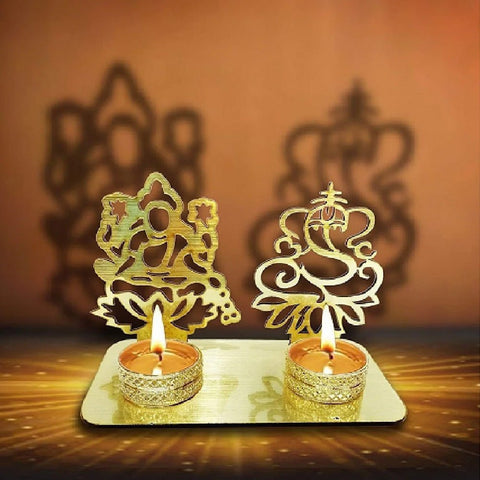 Decorative Lord Ganesha and Lakshmi Shadow Diya crafted in metal, casting divine shadows of Ganesha and Lakshmi when lit, perfect for Diwali and home temples. India’s Largest Pooja Accessories Brand – www.satvikworld.com
