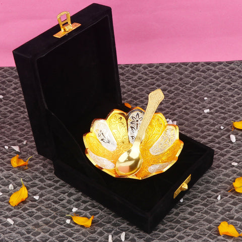 Decorative embossed silver and golden flower-shaped bowl with intricate detailing India’s Largest Pooja Accessories Brand – www.satvikworld.com