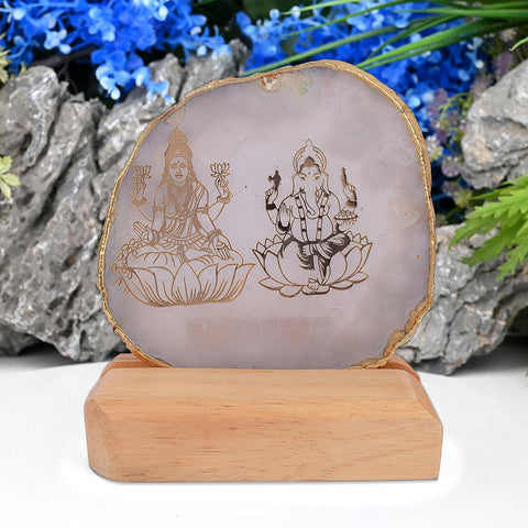 Harmony of Prosperity Agate Stone Stand featuring Laxmi and Ganesha artwork on natural agate with wooden base India’s Largest Pooja Accessories Brand – www.satvikworld.com