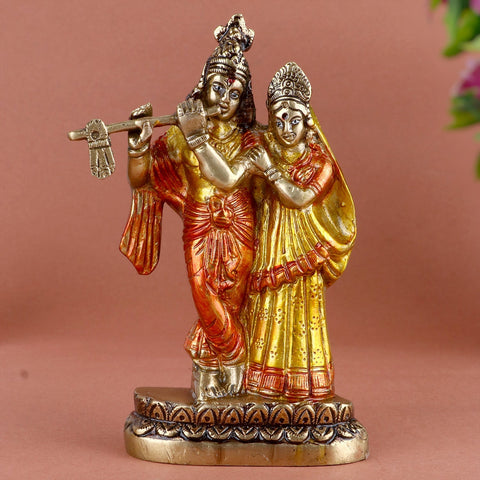 Beautiful Radha Krishna colorful brass idol, exquisitely crafted with vibrant colors to depict the divine love and harmony between Radha and Krishna. Ideal for home temples, worship spaces, or as a thoughtful gift. India’s Largest Pooja Accessories Brand – www.satvikworld.com