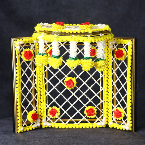 8 Inch Magnificent Yellow Ganesha Phool Bangla made with artificial flowers and decorative elements for Ganpati decoration and pooja mandap. India’s Largest Pooja Accessories Brand – www.satvikworld.com