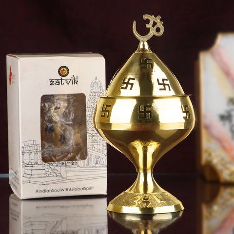 Om Akhand Diya – Sacred brass oil lamp featuring the divine "Om" symbol with a glass chimney for continuous burning during prayers and rituals. India’s Largest Pooja Accessories Brand – www.satvikworld.com