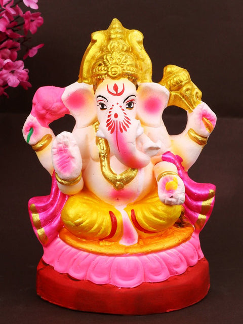 6.4-inch eco-friendly Sumukha Ganesha idol made of shadu mati, featuring a serene expression and seated posture, painted with earthy tones for home puja and festive worship. India’s Largest Pooja Accessories Brand – www.satvikworld.com