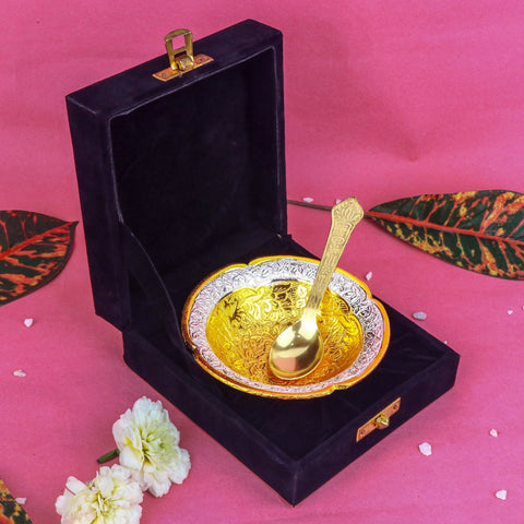 Decorative embossed golden bowl with four-face design and intricate traditional patterns India’s Largest Pooja Accessories Brand – www.satvikworld.com