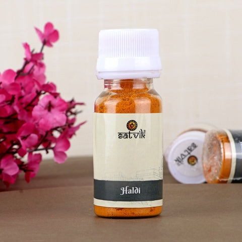 High-quality turmeric (Haldi) in a 25-gram pack, perfect for pooja rituals, Ayurvedic treatments, and as a natural ingredient for skincare, cooking, and religious ceremonies. India’s Largest Pooja Accessories Brand – www.satvikworld.com